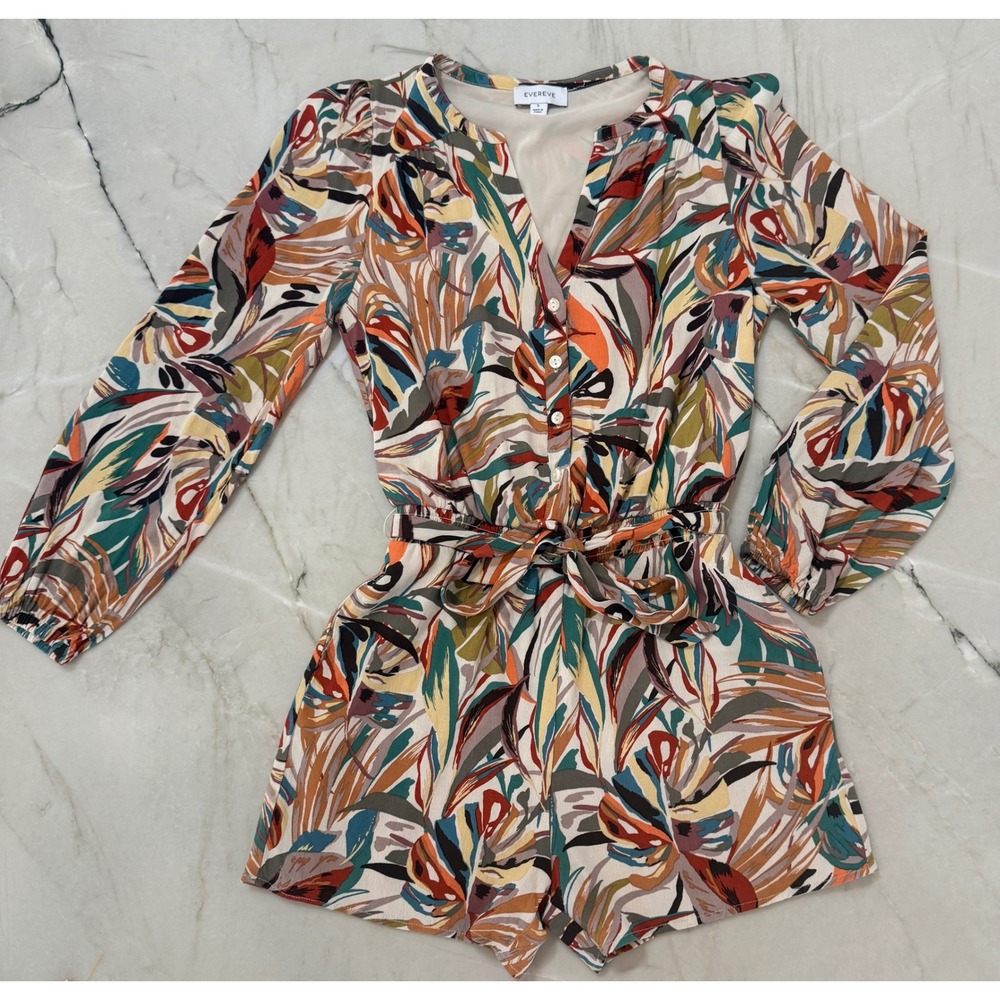 Evereve Womens Abstract Tropical Leaf Long Sleeve Romper Multi Color Size S #69